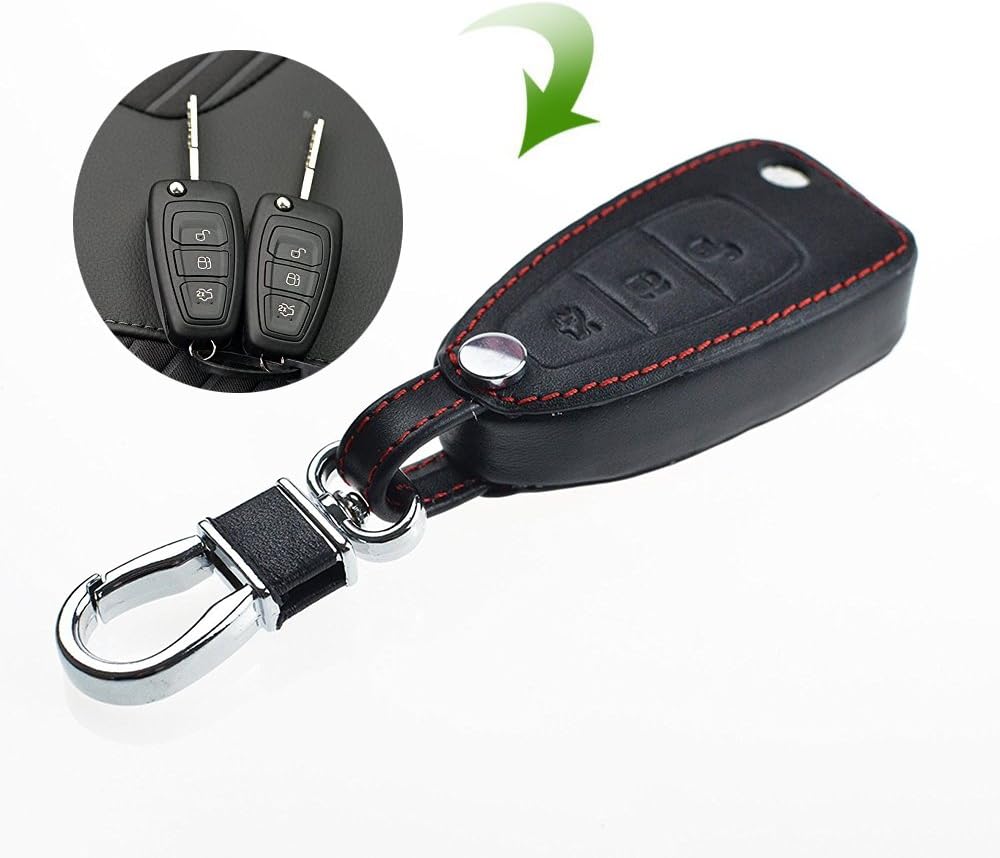 JUSTMOS for Ford Focus Fob Key Holder -SEAMETAL Remote Control Key Cover,Black Red Stitching,Protect Your Key from Scratch (Flip Key Fob 1)