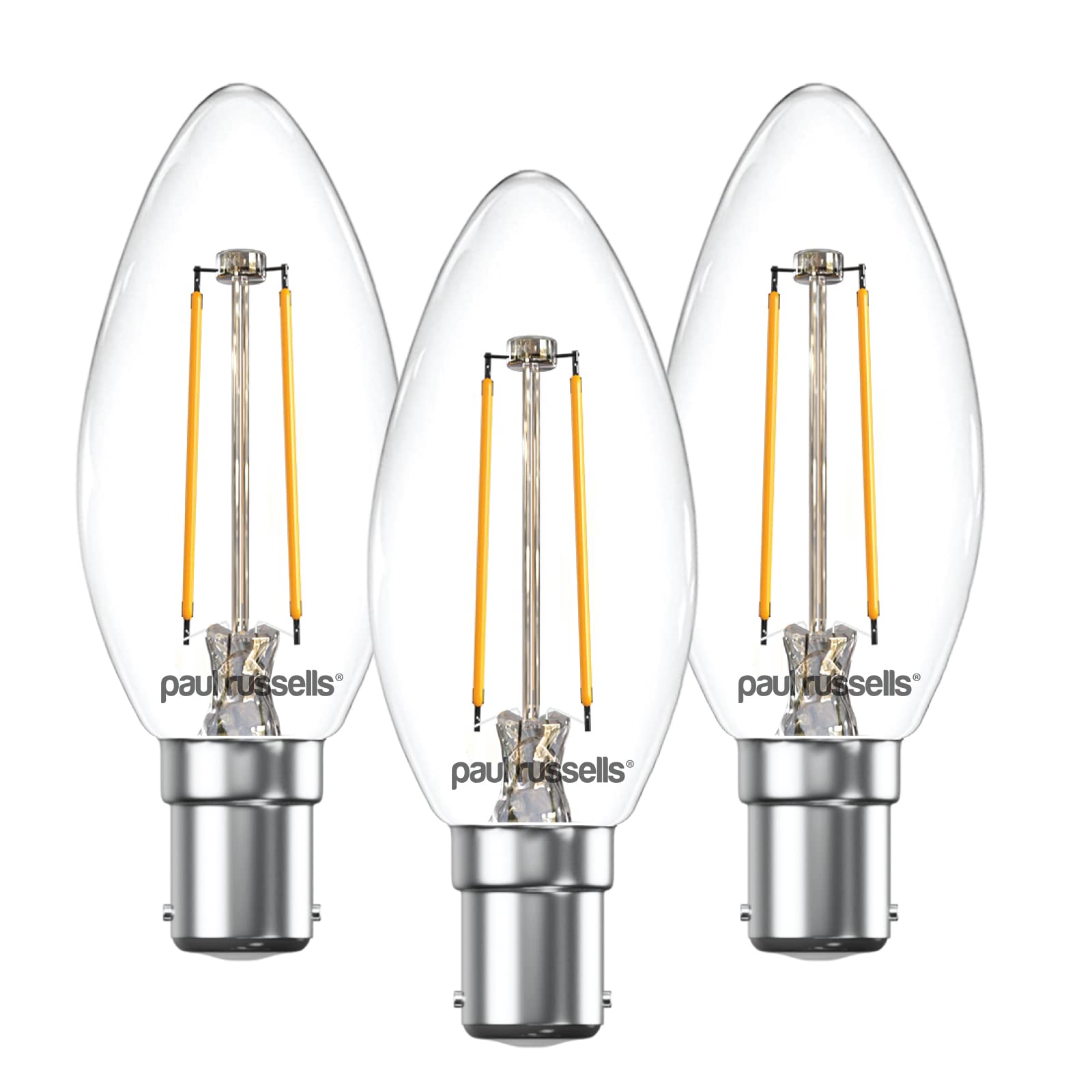 paul russells LED Candle Filament Light – 2.5W 25W Equivalent Replacement, 250LM Lumens, 2700K Warm White, SBC B15 Small Bayonet Cap C35 Bulbs – Bright Energy Saving Non-Dimmable Lamps - 3 Pack
