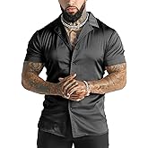 URRU Men's Luxury Shiny Silk Like Satin Dress Shirt Cuban Collar Short Sleeve Casual Slim Fit Muscle Button Up Shirts