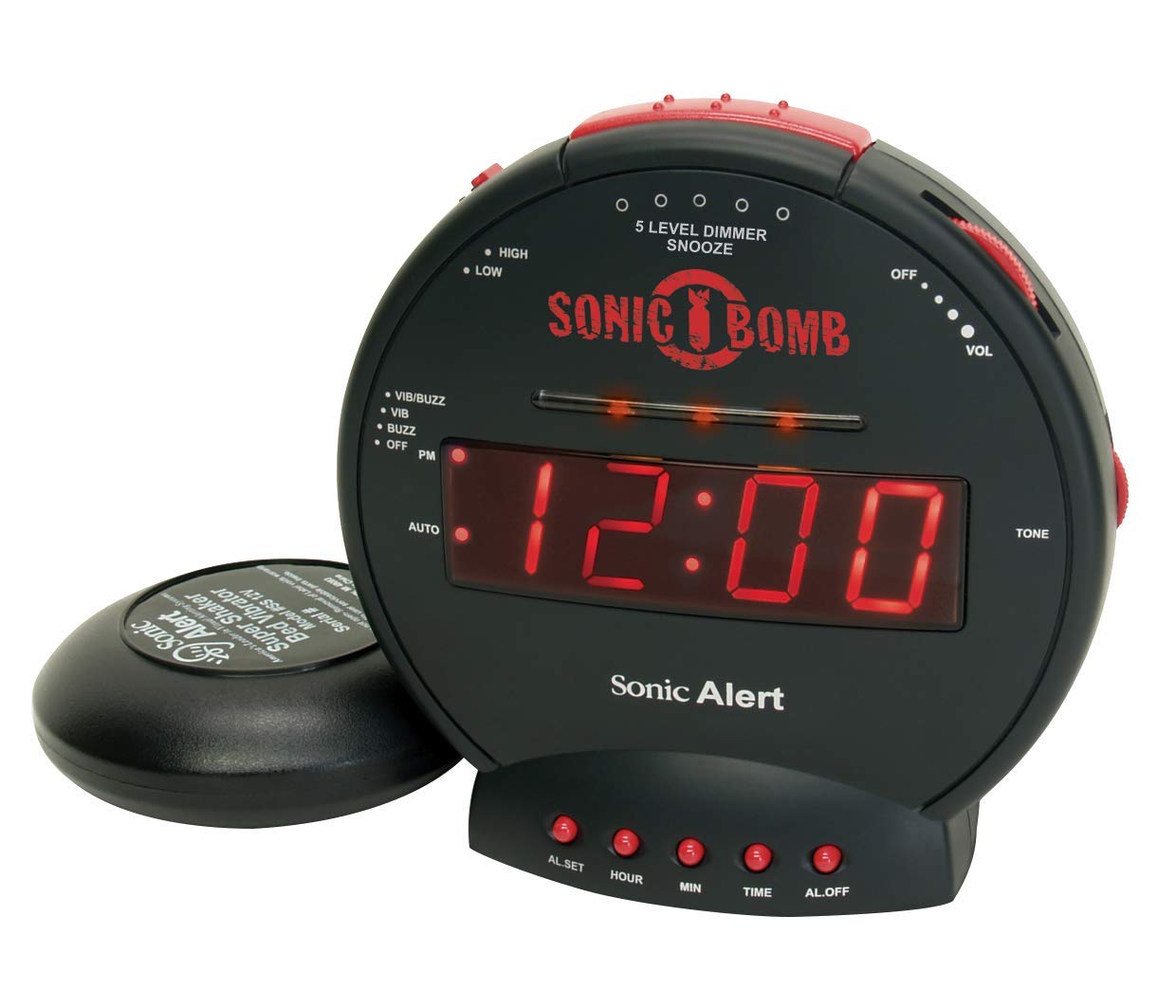 Geemarc Black Sonic Bomb Vibration Alarm Clock, 85 dB, Touch Control, Large Display, Snooze Function, Battery Powered