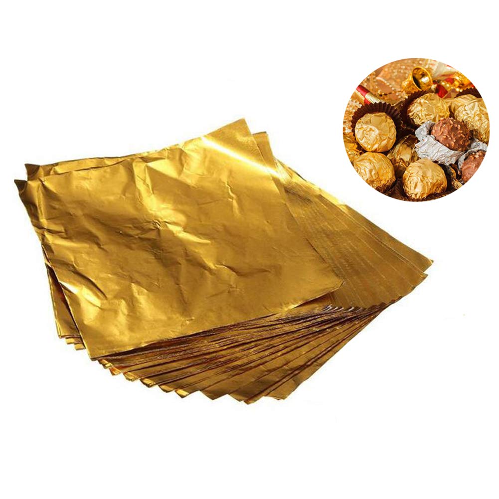 300 Pcs 4 Inch Chocolate Candy Wrappers Square Golden Aluminium Foil Sweets Wrapping Papers Sugar Paper Candy Tin Foil Wrappers for DIY Candy Chocolate Packaging Decoration Party Wedding Birthday