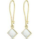 14K Gold Plated White Opal Square Dangle Earrings - Drop Earrings for Women - October Birthstone, Handmade 6X6mm Square Gemstone Vintage Jewelry - Trendy and Classic Elegant Gift for Women