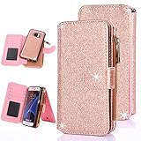 Galaxy S7 Case, CaseUp 12 Card Slot Series - [Zipper Cash Storage] Premium Flip PU Leather Wallet Case Cover With Detachable Magnetic Hard Case For Samsung Galaxy S7, Glitter Rose Gold