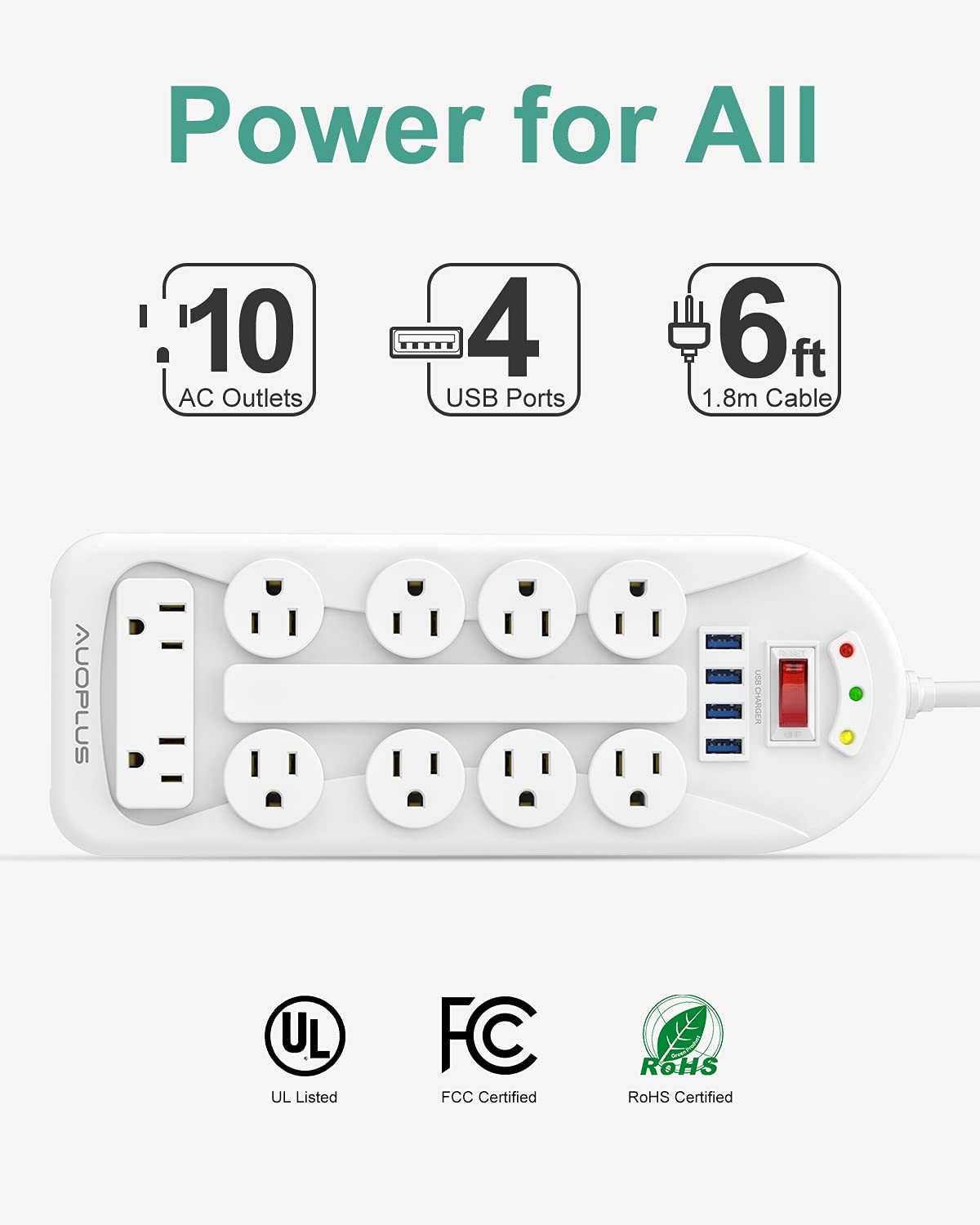 Surge Protector Power Strip with USB, 6ft Extension Cord, 10 Outlets and 4 USB Ports, AUOPLUS Mountable Power Strips Flat Plug with Overload Protection for Home, Office and Dorm, ETL Listed