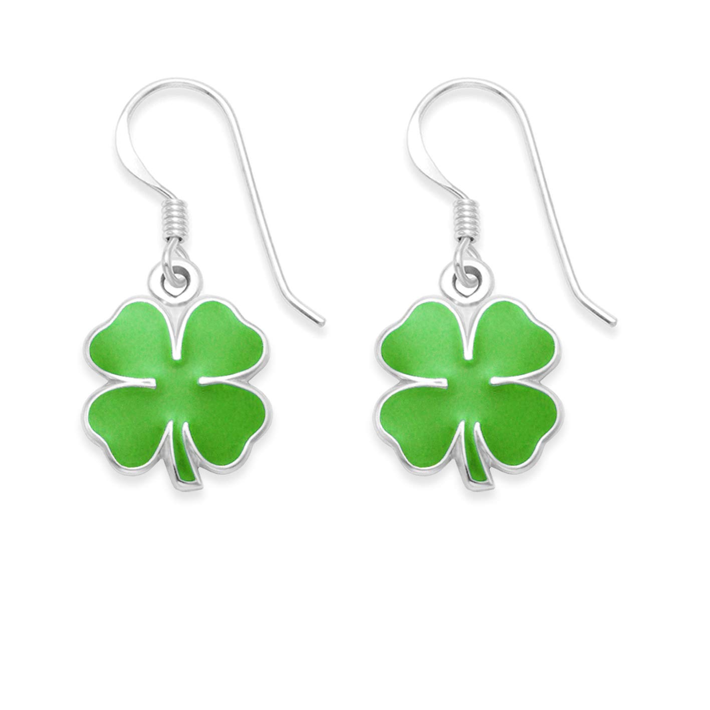 Sterling Silver Shamrock Earrings - Kelly Green Enamel St Patrick's Day Shamrock drop earrings - Lucky Four Leaf Clover earrings - SIZE: 9mm (plus 14mm earring wires). 7370GRN