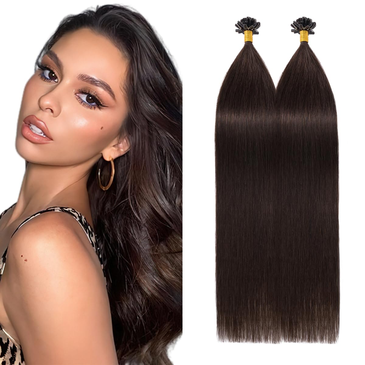 Silk-co U Tip Pre Bonded Hair Extensions Strands Keratin Nail Tip Straight Human Hair Extensions U tip Real Remy Hair 100 Strands Keratin Nail Til 20"-100g #02 Dark Brown — image 1