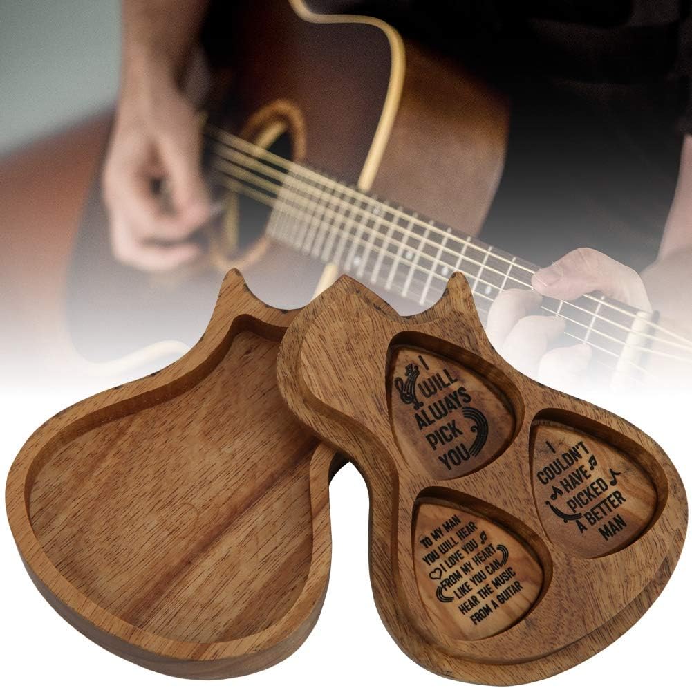 Sutinna Small Natural Portable Guitar Shaped Guitar Pick Case, Wood