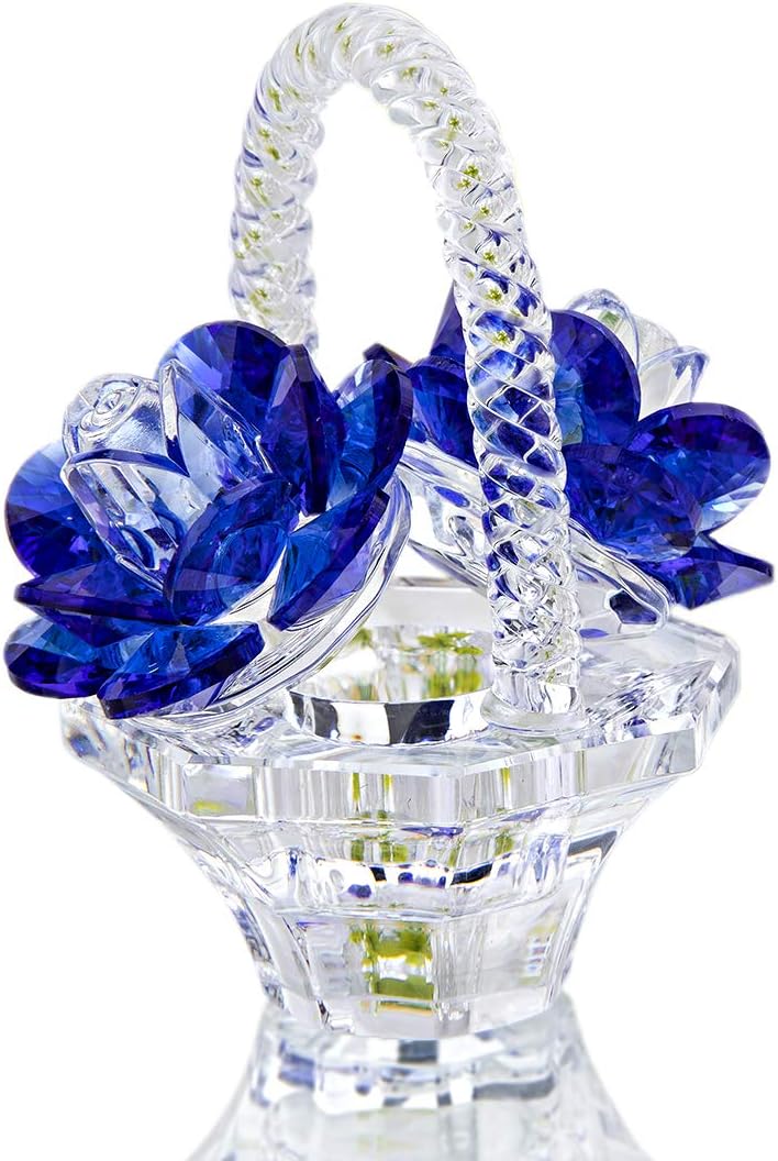 H&D HYALINE & DORA Crystal Rose Flower Basket Figurine, Glass Rose Figurines Ornament Collectibles, Home Decoration Wedding (Blue)