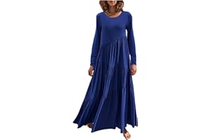 ZEFOTIM Casual Dresses for Women 2023 Long Sleeve V Neck Loose Fitted Plain Flowy Maxi Tiered Dress