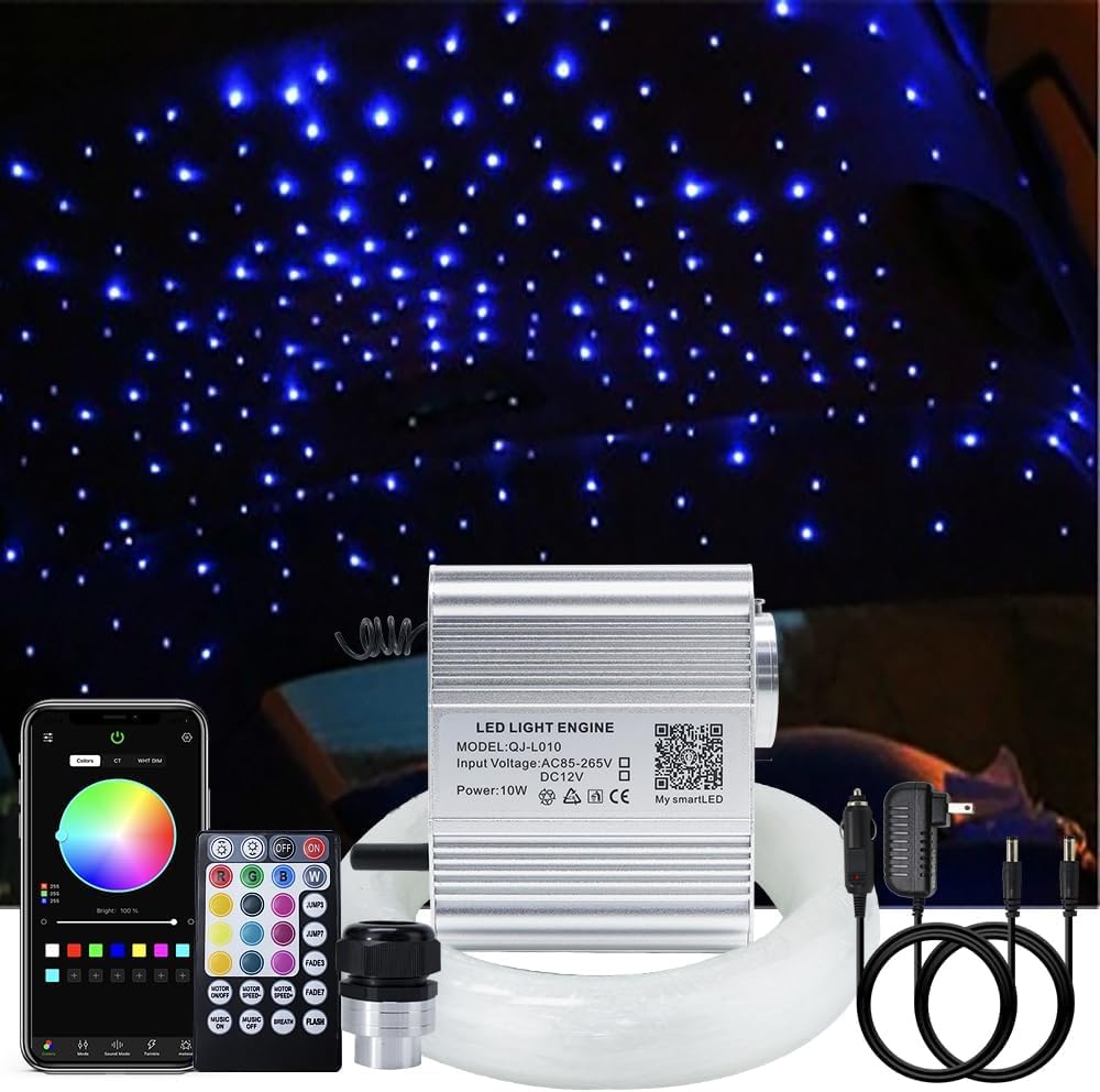Callsky 10W Car Home Use Twinkle Bluetooth App Fiber Optic Star Ceiling Light Kit, RGBW Sound Activated LED Engine Driver + Cables, 150pcs*0.03in/0.75mm*6.5ft/2m + 28key Remote Control