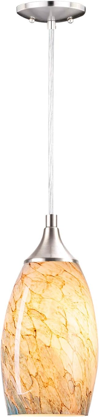 1-Light Pendant Light, Handcrafted Art Glass Hanging Light with Brushed Nickel Finished Adjustable Cord for Kitchen Island (Blue) - - 