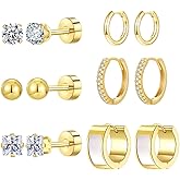 Silver Gold Plated Surgical Steel Flat Back Earrings for Women Hypoallergenic 14K Gold Plated Stud Huggie Earring Set Fashion Shell Cubic Zirconia Flatback Studs Cartilage Earrings Pack for Multiple Piercing 5/8Pairs