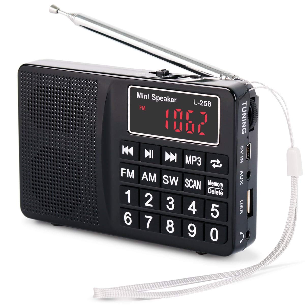 PRUNUS L-258 Small Radio Portable and Mains, AM(MW)/SW/FM Radio Rechargeable with Bass Speaker, Large Button and Display. Stores Stations Automatically.(NO Manual Memory Stations Function)