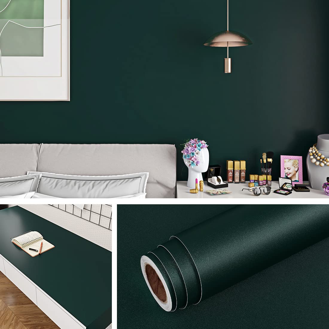 Photo 1 of Livelynine Dark Green Wallpaper Stick and Peel Matte Emerald Green Contact Paper for Cabinets Walls Desk Waterproof Removable Self Adhesive Vinyl Wall Paper for Bathroom Bedroom Renters 15.8X78.8