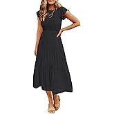 ZESICA Women's 2026 Summer Casual Flutter Short Sleeve Crew Neck Smocked Elastic Waist Tiered Midi Dress