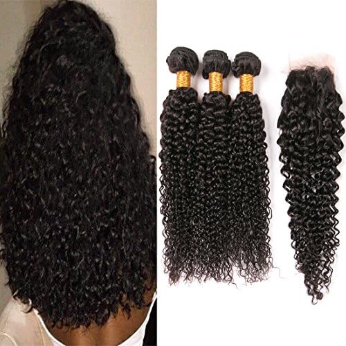 Kinkys Curly Brazilian Virgin Hair with Closure Free Part 3 Bundles Cheap Human Hair Weave With Closure Natural Brown Color Weft 18 20 22 + 16 Inch