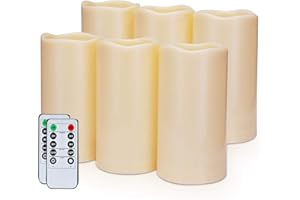 Amagic 3" x 6" Outdoor Waterproof Flameless Candles - Battery Operated LED Pillar Candles with Remote Control and Timers, Ivory, Plastic, Set of 6