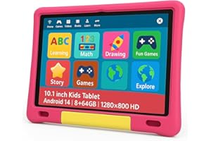 NOBKLEN 10.1 Inch Kids Tablet with Shockproof Case | Android 14, 64GB+8GB RAM, 12H Battery | Parental Control, Google Kids Space & Preloaded Educational Apps | WiFi 6, HD Display, Ages 3-12