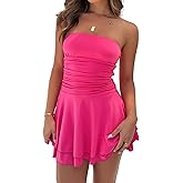 Women Sexy Tube Top Silk Dress Strapless Ruched Basque Waist Ruffle Layer Mini Dress Jumpsuit Party Dresses
