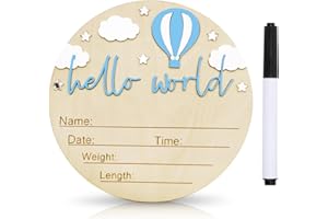 DUOJINSANXI Baby Announcement Sign, 5.9 Inch Wooden Hello World Newborn Signs, Birth Announcement Sign and Pen, Hot Air Balloon and White Cloud Decoration, Welcome Newborn Arrival to World (Blue)