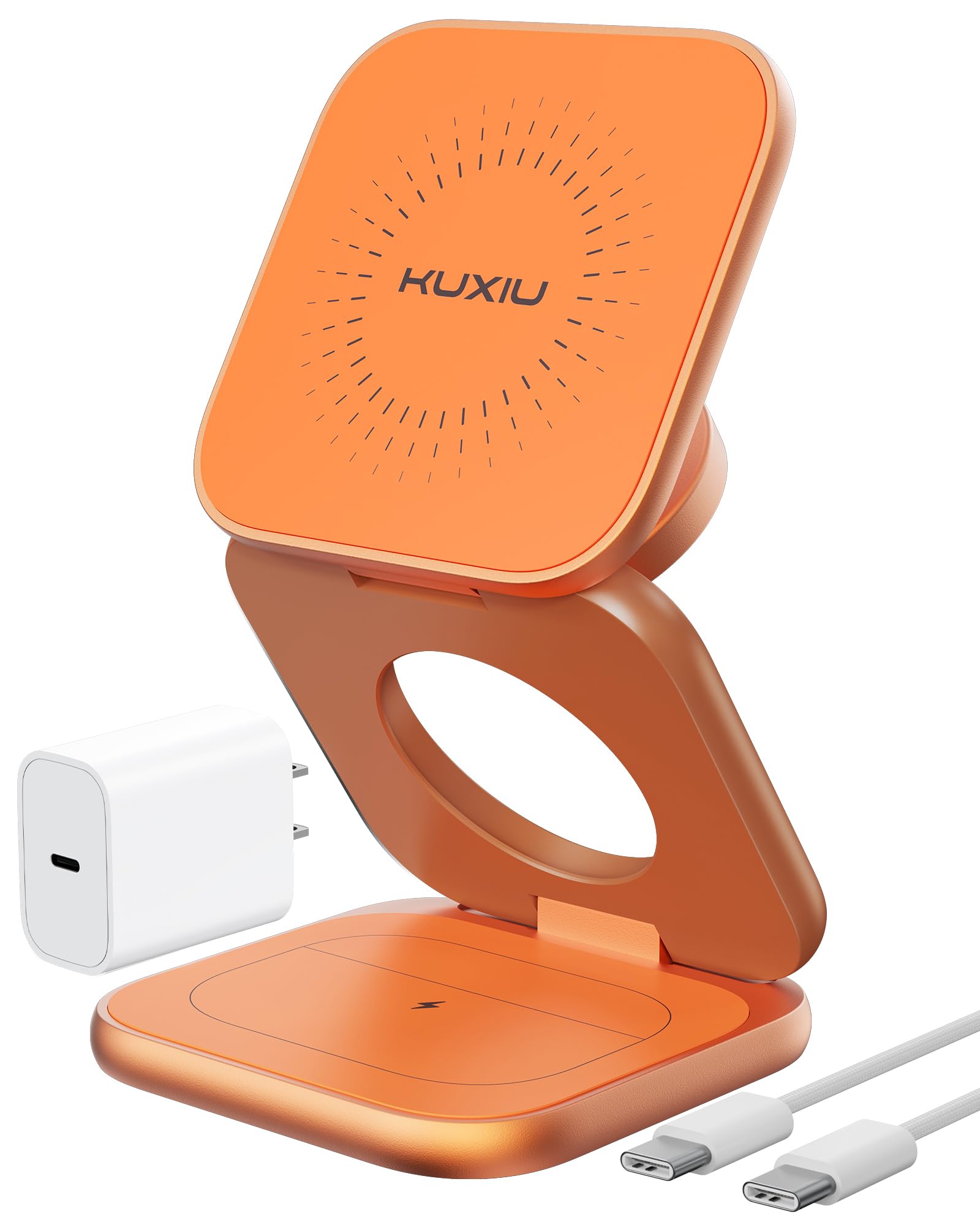 KU XIU Qi2.2 25W Magnetic Wireless Charger, Foldable 3 in 1 Travel Charging Station for iPhone 17/16/15/14/13/12, 5W for Apple Watch & AirPods, Aluminum Alloy Design, 45W GaN Adapter Included, Orange