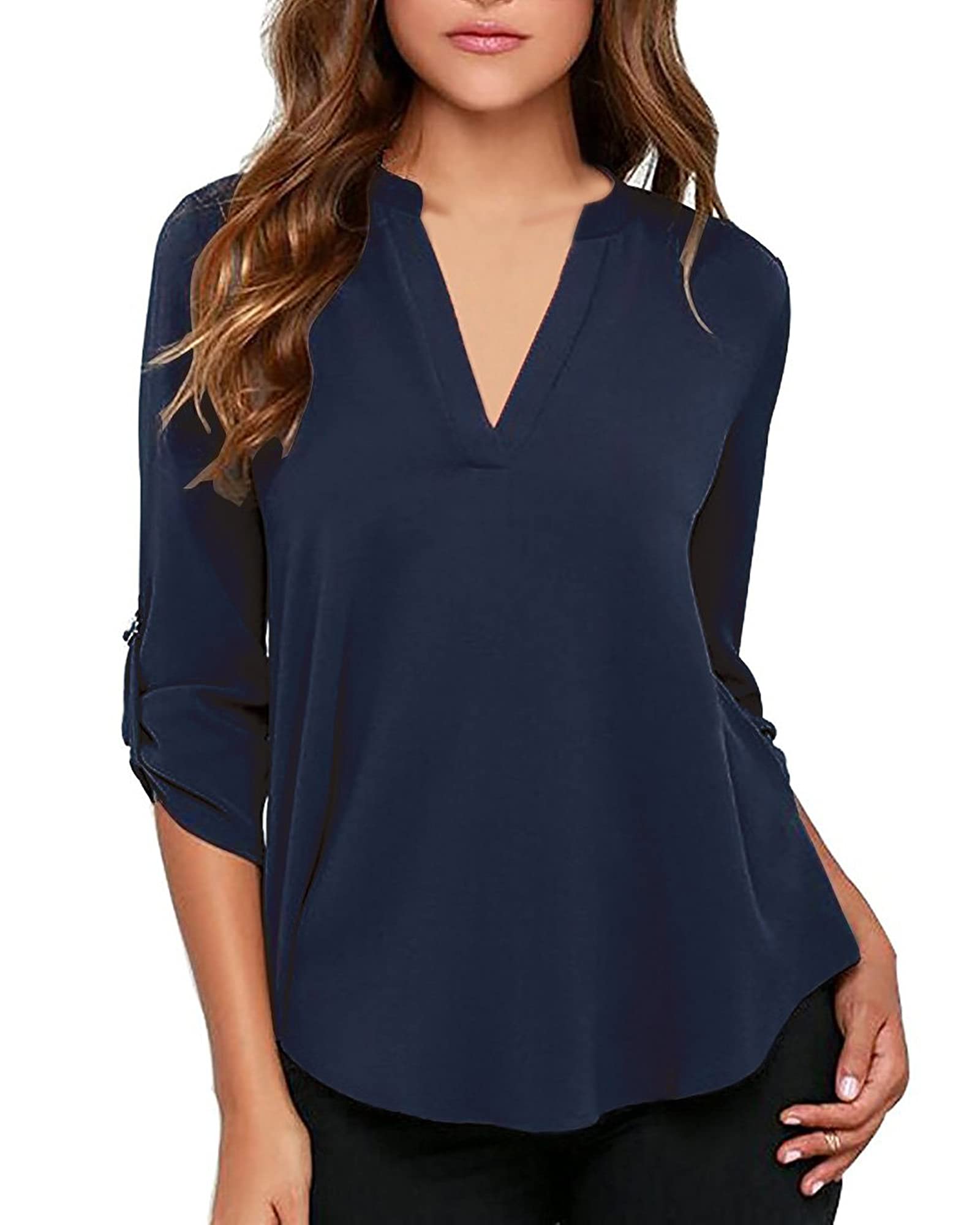 roswear Women's Chiffon V-Neck Business Casual Blouse Work Tops with ...