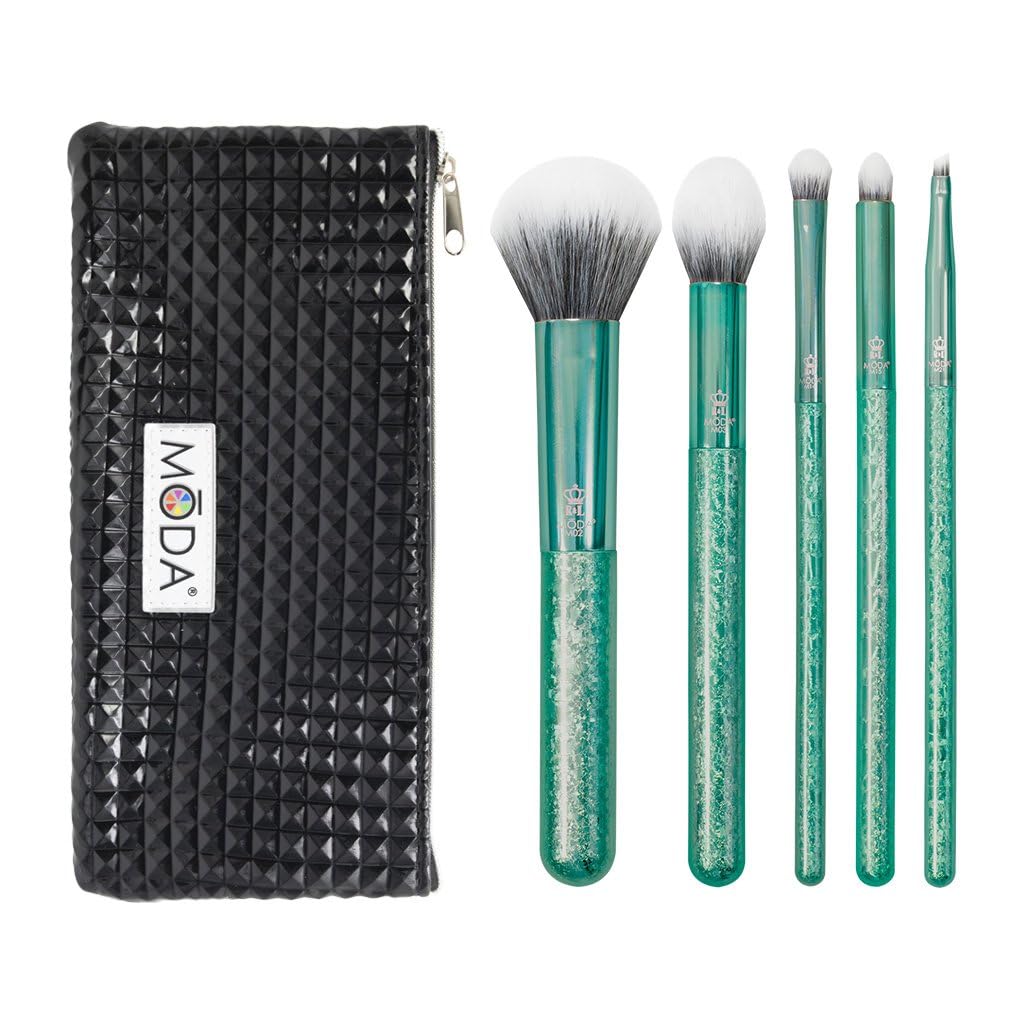 MODA Royal & Langnickel Full Size Crackle 6pc Makeup Brush Set with Pouch Includes - Multi-Purpose Powder, Contour, Eye Shader, Smoky Eye, and Angle Liner, Emerald