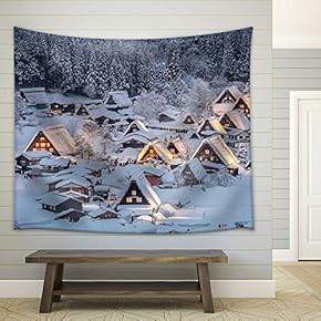 Shirakawago Light-Up with Snowfall Gifu Chubu Japan - Fabric Wall Tapestry Home Decor - 51x60 inches