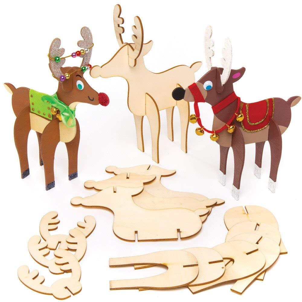 Baker Ross AT176 Festive Reindeer Woodcraft Kit - Pack of 6, Christmas Wooden Arts and Crafts for Boys and Girls