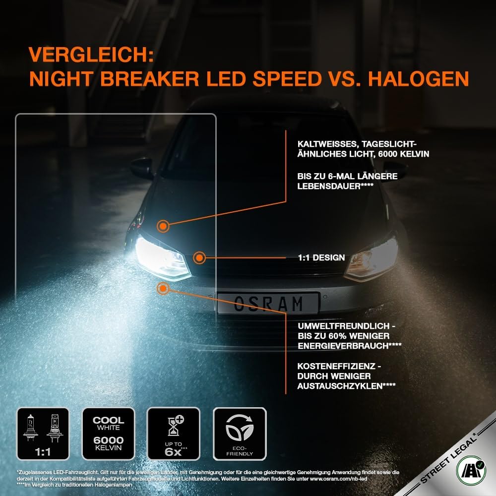 OSRAM NIGHT BREAKER LED SPEED H7 450, LED-Fern- und Abblendlicht mit Straßenzulassung, bis zu 450% mehr Helligkeit, 6000K,schnelle Installation, kein mechanisches Zubehör notwendig, LEDEC02 integriert 4