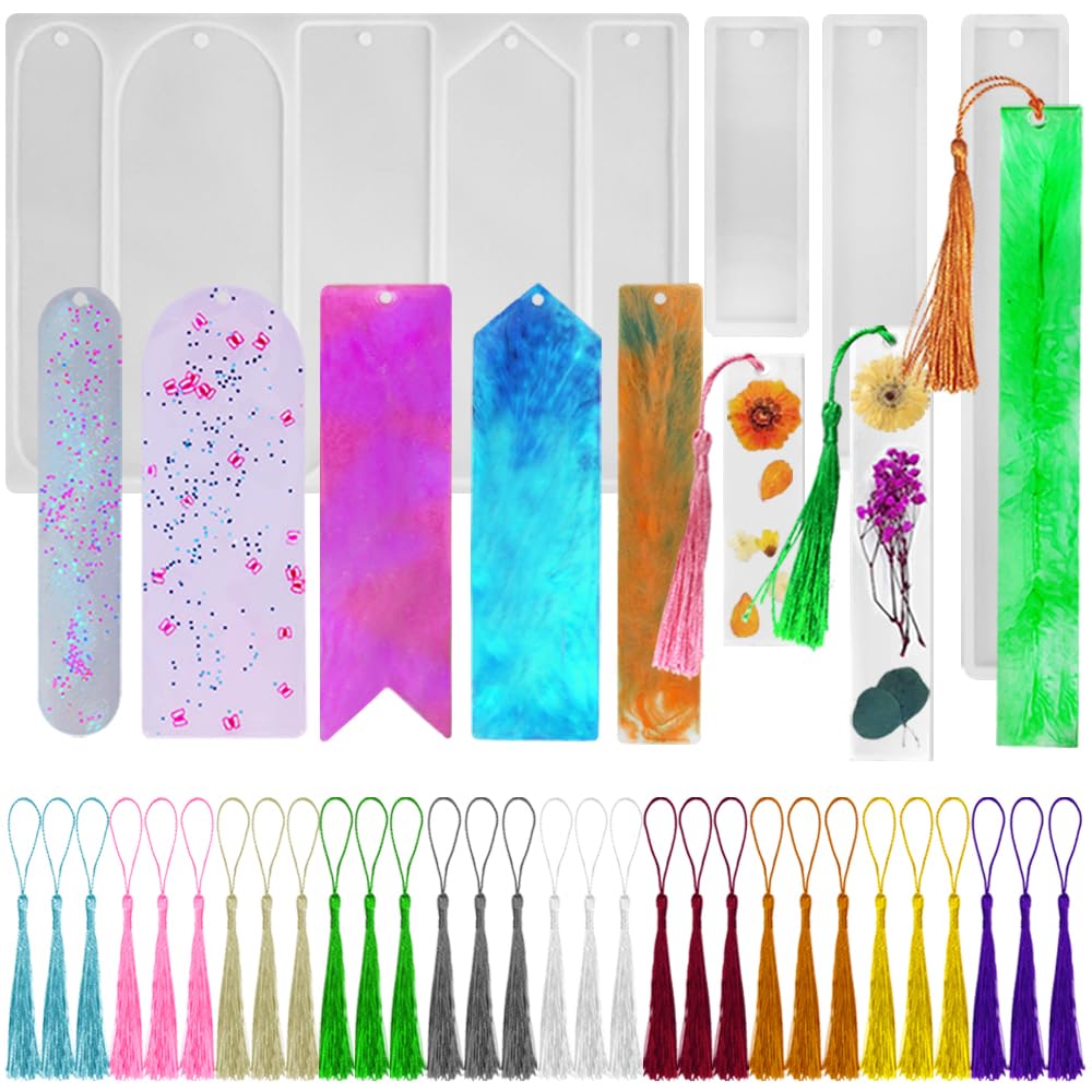 FineGood 8 Pcs Bookmark Resin Moulds, Resin Molds with Tassels DIY Bookmark Epoxy Resin Moulds Silicone for Resin Casting Crafts