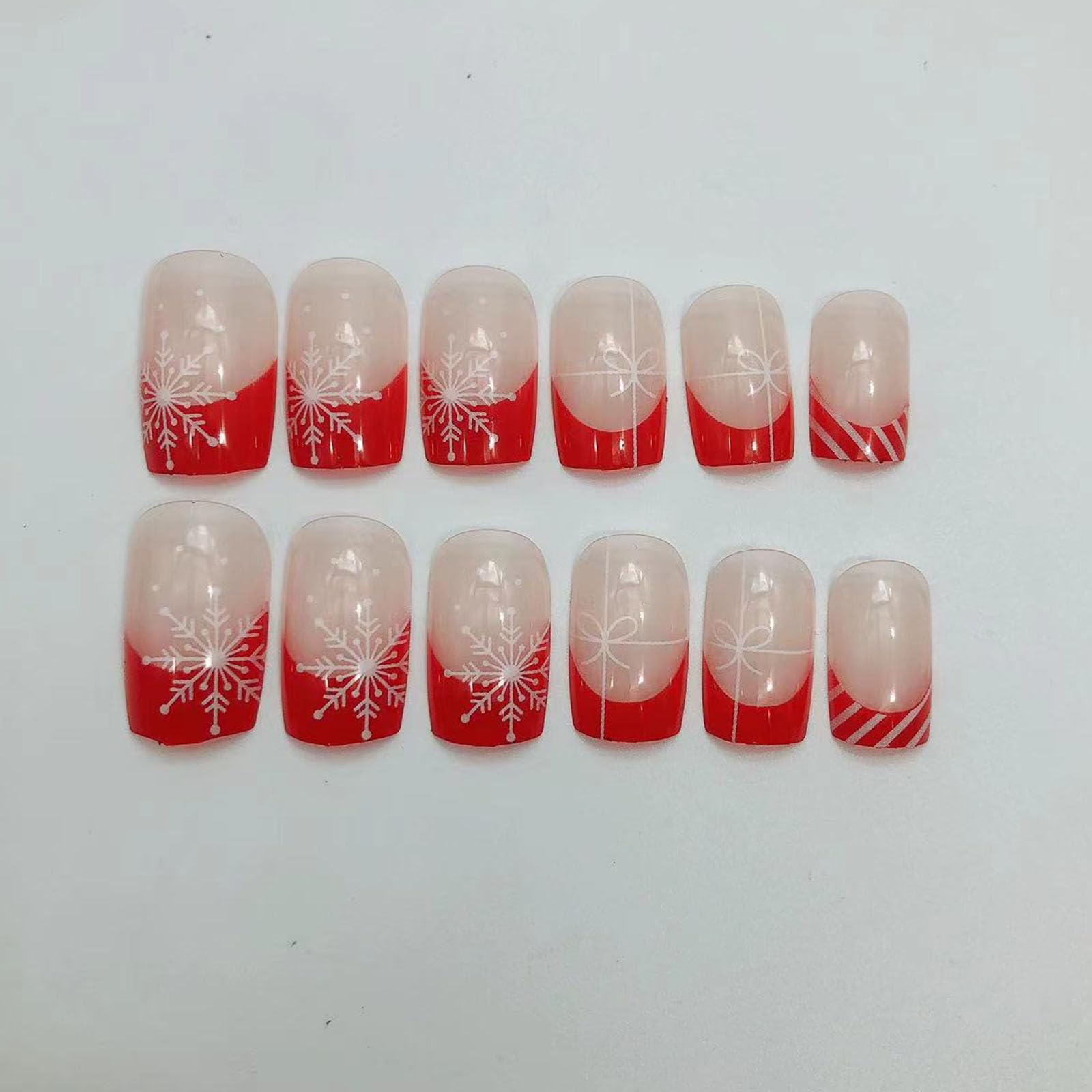 Christmas Press on Nails Medium Square Fake Nails Red French Tip Nails Press ons Glossy Glue on Nails Nude False Nails with Snowflake Christmas Hat Designs Artificial Stick on Nails for Women 24Pcs - Image 6