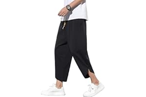 DOSLAVIDA Men's Casual Elastic Waist Linen Capri Pants Wide Leg Baggy Cotton Harem Yoga Trousers Loose Patchwork Short