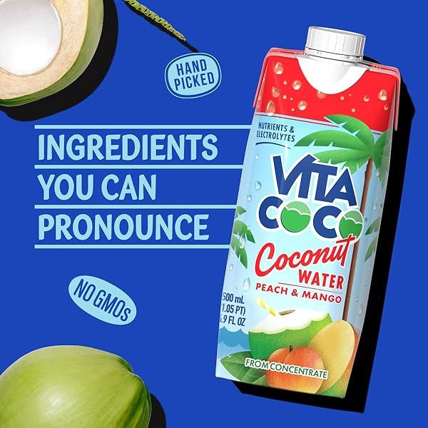 VITA COCO COCONUT WATER, PEACH & MANGO – NATURALLY HYDRATING ELECTROLYTE DRINK – SMART ALTERNATIVE TO COFFEE, SODA, AND SPORTS DRINKS – GLUTEN FREE – 16.9 FL OZ (PACK OF 12)