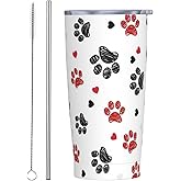 FEYAMYUN 20oz Black Red Dog Paw Print Tumbler, Doggy Paws Stainless Steel Travel Coffee Mug with Lid Straw, Puppy Paw Travel Cup Dog Footprint Double Wall Vacuum Insulated Cup for Hot and Cold Drinks
