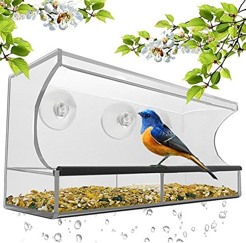 WEIYIKANG Window Bird Feeder with Removable Tray Removable Seed Tray Weatherproof Acrylic Clear Bird Feeder Includes 64 Drain Holes