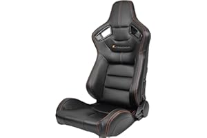 IKON MOTORSPORTS, Universal Racing Seats with Dual Sliders, Black with Orange Stitch PU & Carbon Leather Reclinable Left Driver Side