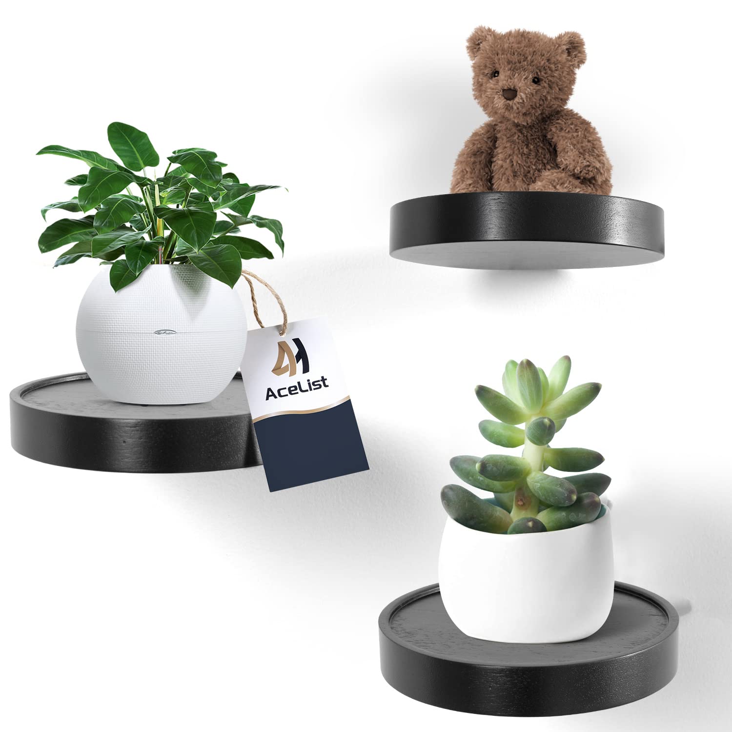 Photo 1 of AceList Round Floating Shelves - Set of 3 Black Rustic Wood Small Wall Shelves, 6Inch Wall Mounted Shelves for Bathroom, Bedroom, Kitchen, Office and Living Room Decor