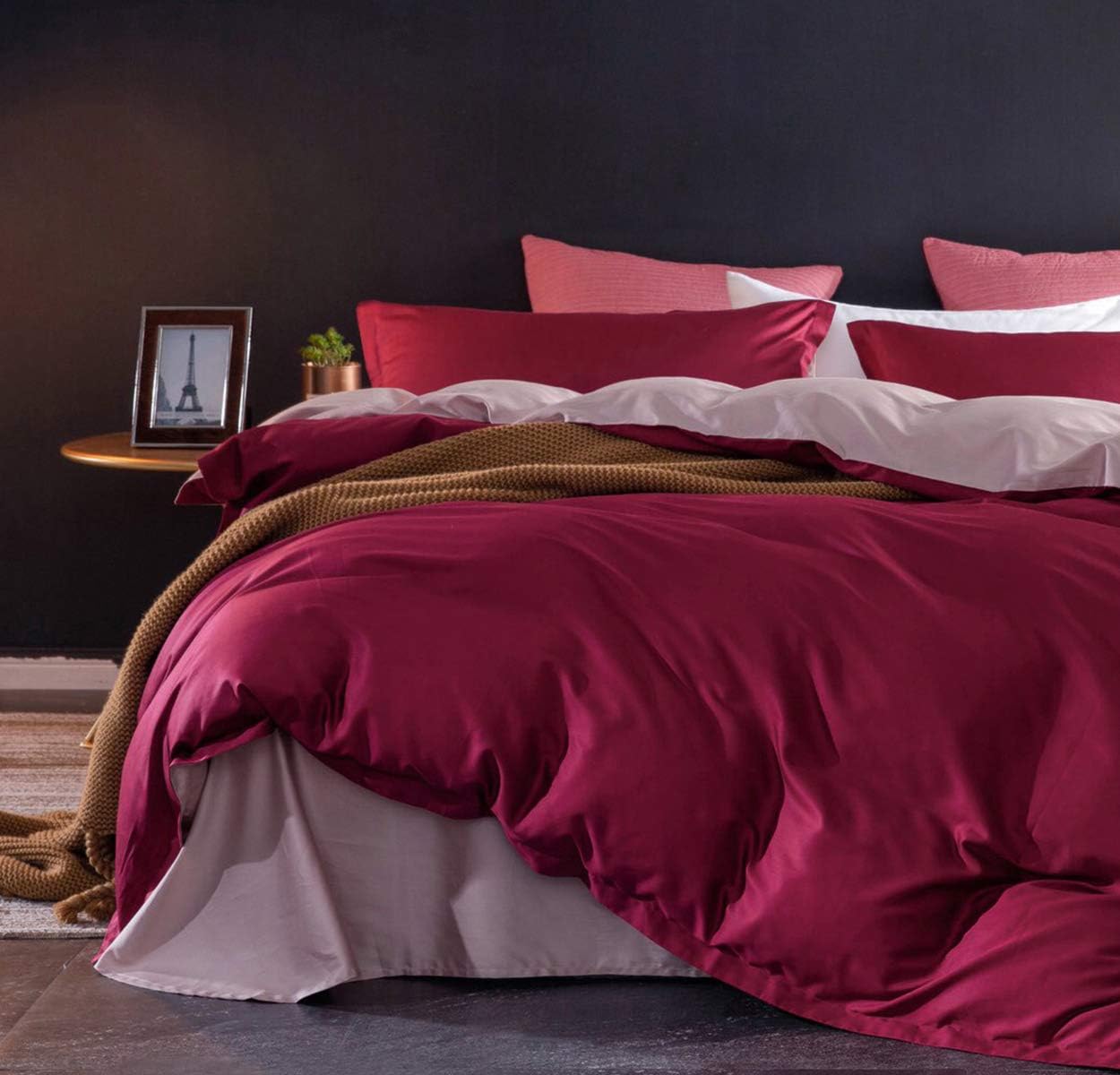 SLEEPBELLA Duvet Cover King, 1000 TC Egyptian Cotton Burgundy Red & Dusty Pink Bedding Sets with 2 Pillow Shams, 1 King Duvet Cover