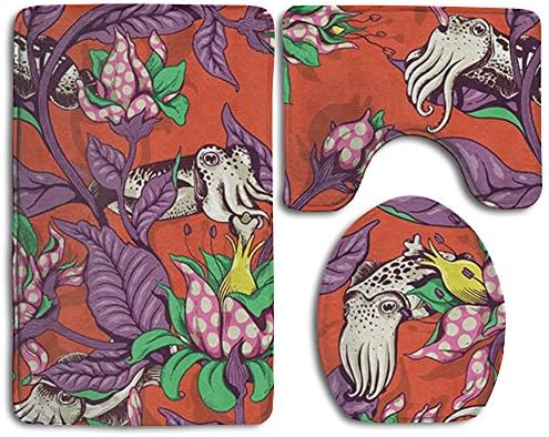 Happy Christmas Bathroom Accessories Bath Rug Sets 3 Piece Bathroom Non-Slip Floor Rug Animal Cuttlefish Inkfish Style Pedestal Rug + Lid Toilet Cover + Bath Mat For Children Womens