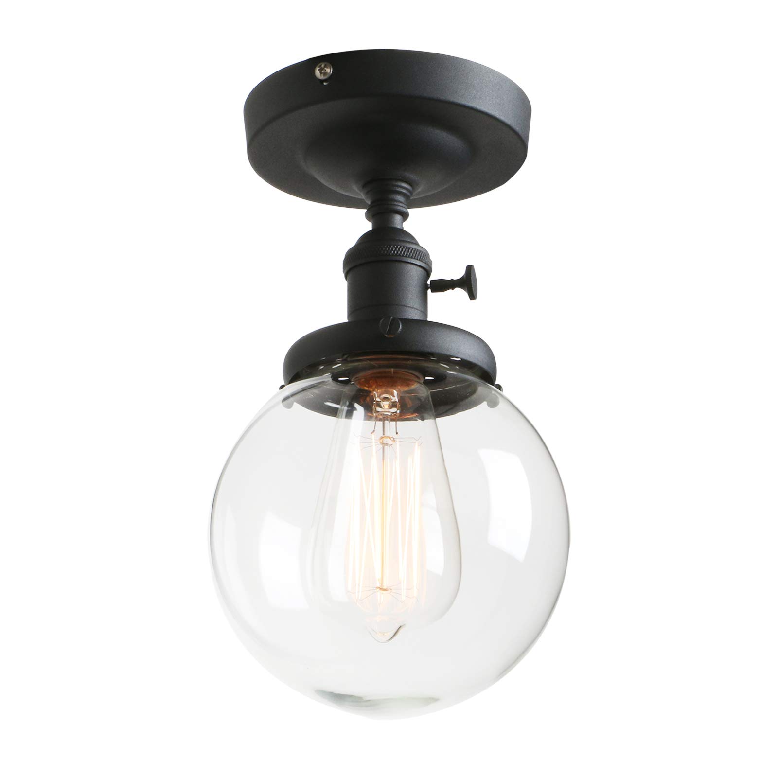 Phansthy Vintage Ceiling Light Fitting with Switch, Modern Clear Glass Flush Mounted Ceiling Lamp E27 Base, Hallway Lighting Fixtures Suitable for Kitchen Loft Cafe Bar (Black)