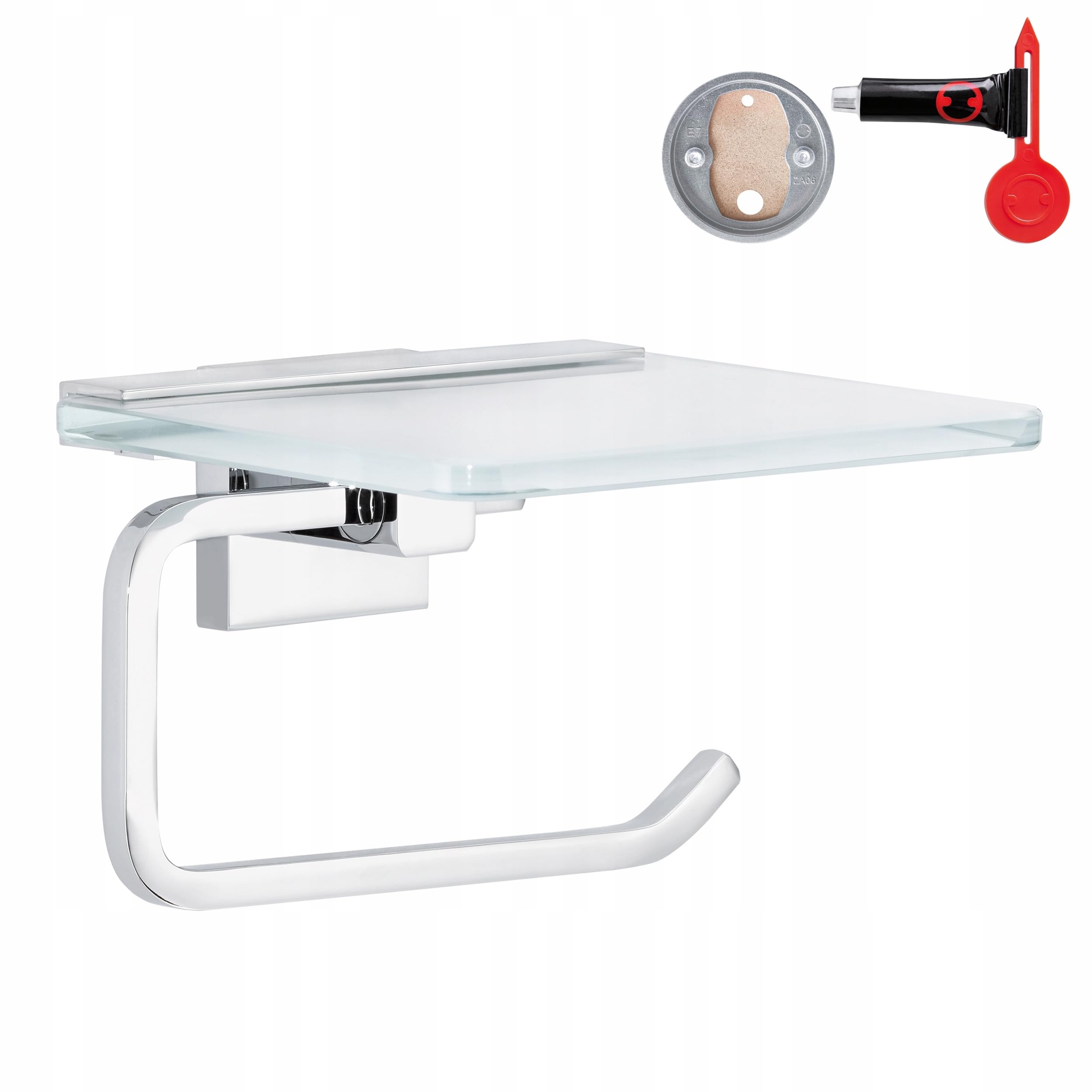 tesa DELUXXE Toilettenpapierhalter mit Ablage aus Milchglas, verchromte Halterung - zur Wandbefestigung ohne Bohren, inkl. Klebelösung - 160mm x 99mm x 139mm