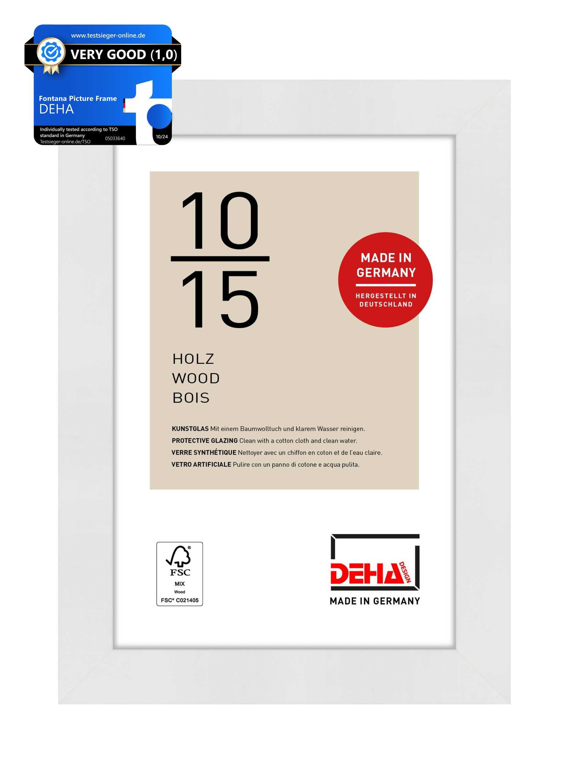 DEHA Design Fontana Wooden Picture Frame - 10x15 cm (4x6 in) – White - with Synthetic Glass and Push/Turn Clips