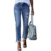 EVALESS Women's High Waisted Tummy Control Straight Ankle Ripped Jeans