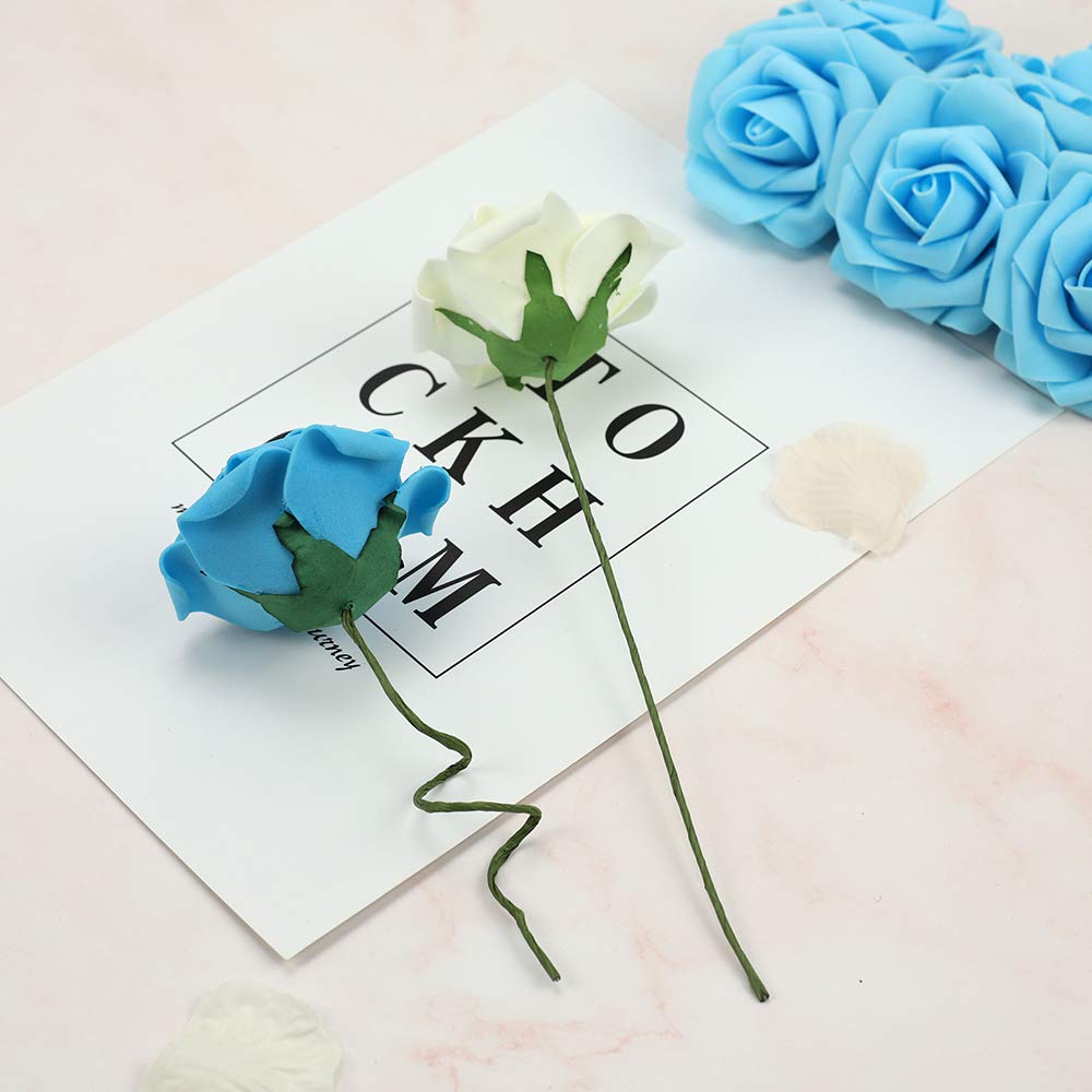 HOHOTIME Artificial Flowers 42 pcs, Real Touch Roses in Mixed Colors w/Stem for Decoration Crafts Wedding DIY Bridal Shower Party Home Decor (Blue Gradient Combo)