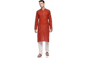 PAROKSH Men's Cotton Kurta Indian Kurta Classic Mandarin Collar Full Sleeves Side Split Ethnic Wear for Wedding