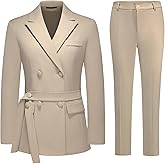 Lamgool Women Double Breasted Suit with Belt Business Casual 2 Pcs Blazer Jacket with Pants Set