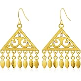 Watforsh 14K Gold Plated Triangle Filigree Tassel Bohemian Geometric Dangle and Drop Vintage CZ Earrings for Women with Cubic Zirconia Stone and Fringe Earrings