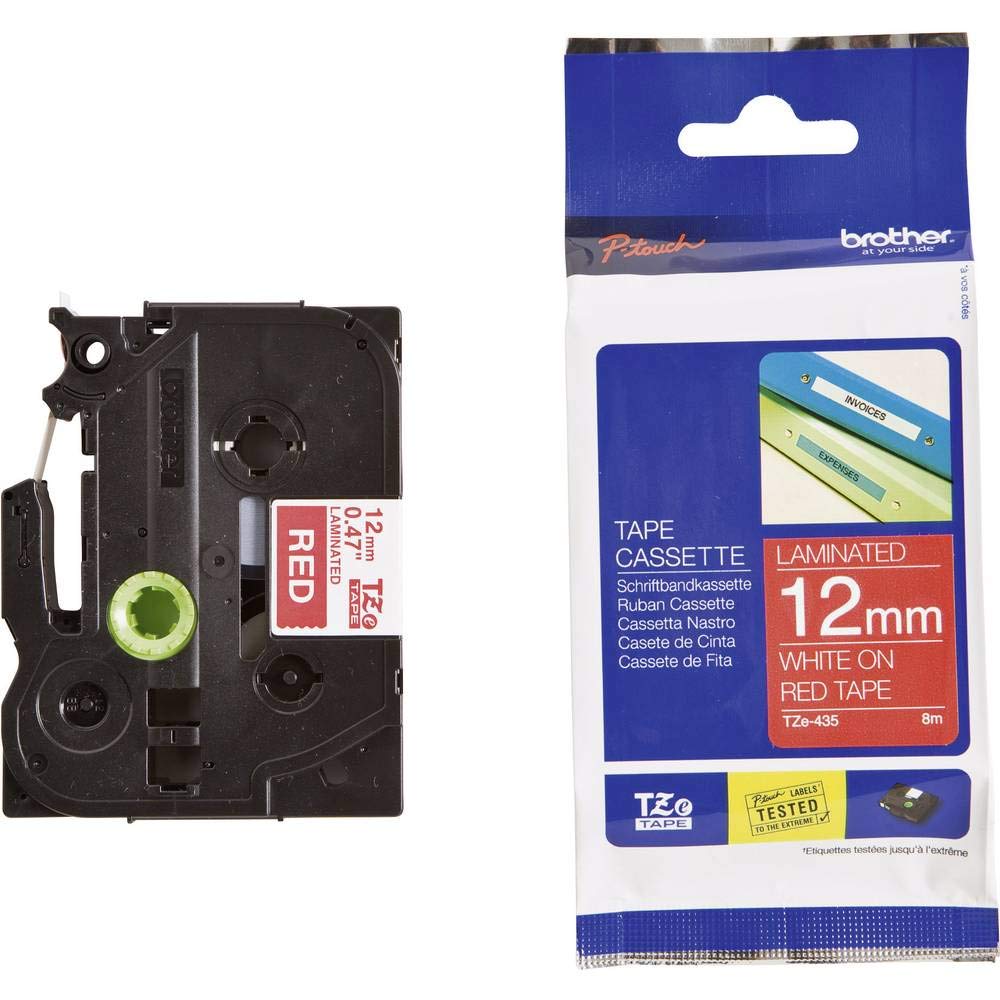 Brother TZe-435 Labelling Tape Cassette, 12 mm (W) x 8 m (L), Laminated, Brother Genuine Supplies - White on Red