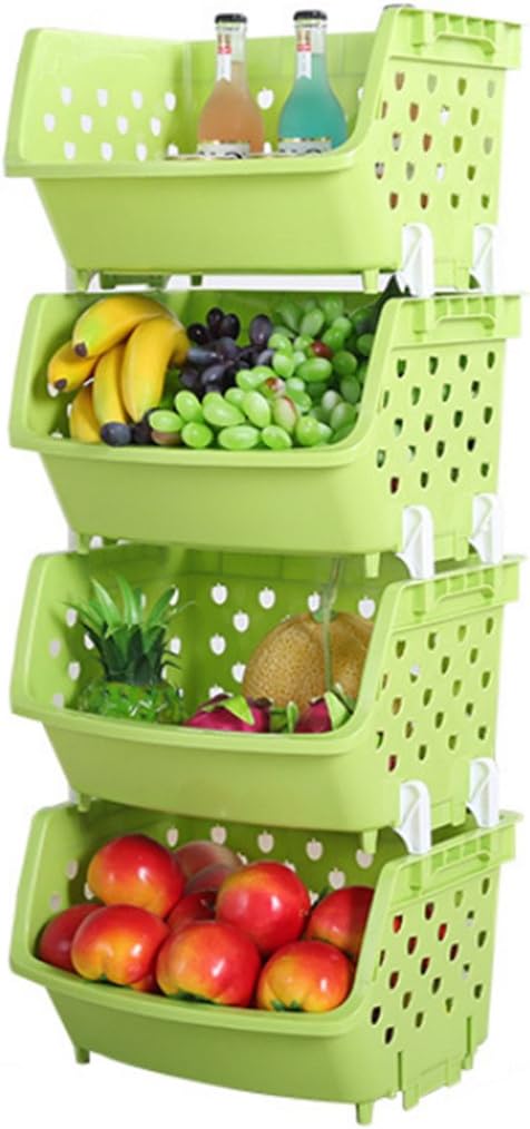 WOLFBUSH 4Pcs Storage Stacking Bins Plastic Household Kitchen Storage Box Multi-purpose Vegetable Fruit Food Storage Basket Rack Organizer (Green)